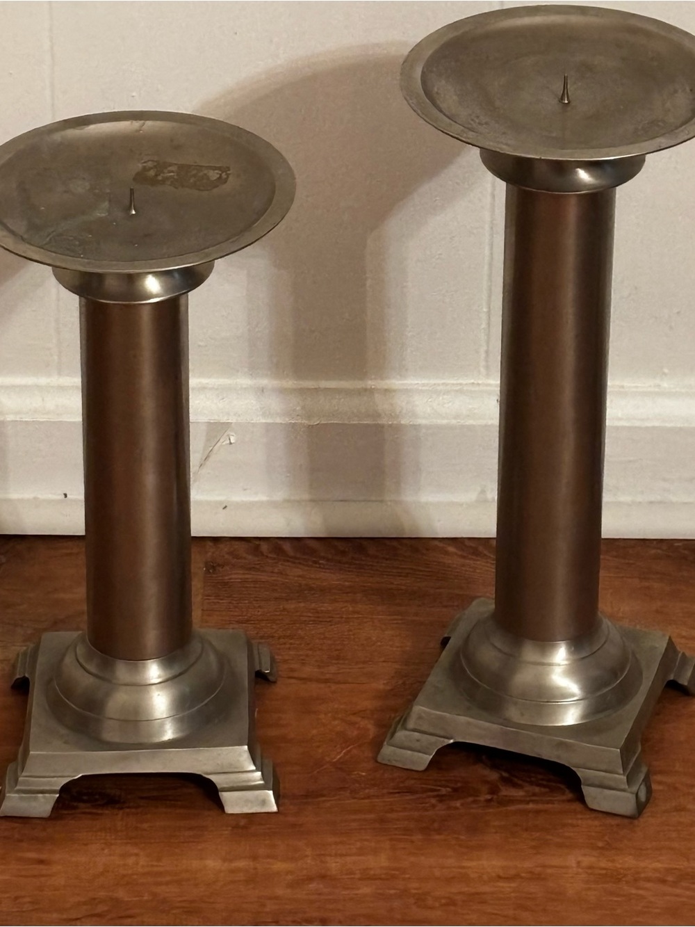 Unbranded Bronze Chrome Metal Pillar Candle Holders - Pair
